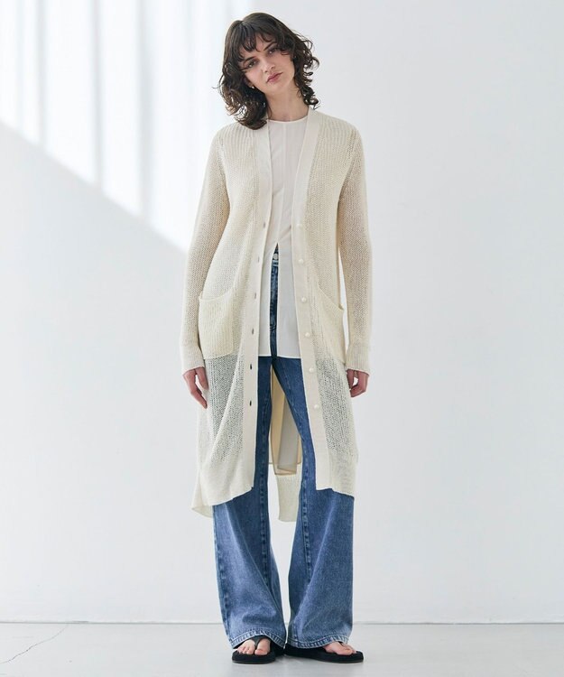 BEIGE， 【洗える】OPTICAL / ペーパーヤーンVネックロングカーディガン Ecru