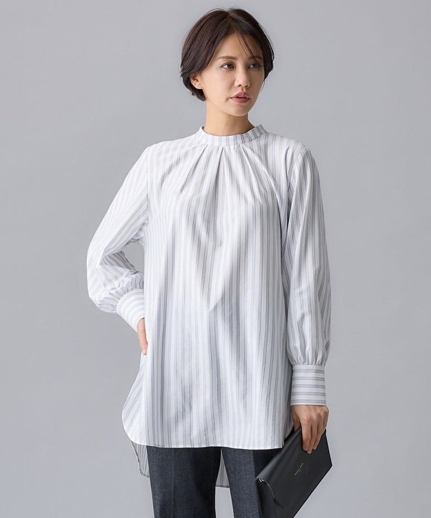 自由区 【洗える】ストレッチシャーティングスタンドカラーストライプ ブラウス サックスブルー系1