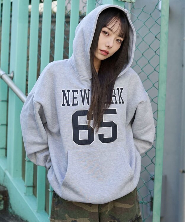 WEGO 裏起毛グラフィックビッグプルパーカー 杢グレー