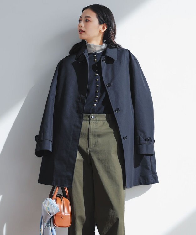 UNFILO L ドライタッチリブ カーディガン ネイビー×パールボタン