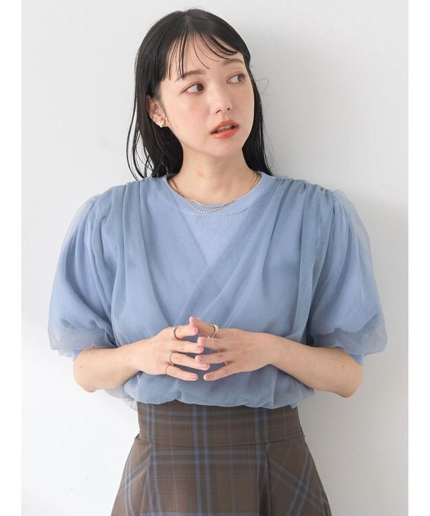 earth music&ecology チュールドッキング半袖ニットプルオーバー Blue