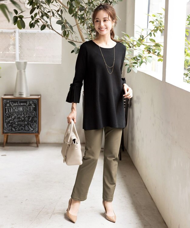 Tiaclasse L 【洗える】ミラノリブ編みのフレア袖ニットチュニック ブラック