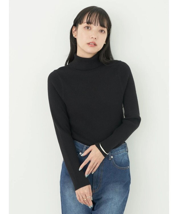 earth music&ecology やわらかタッチリブタートルネックプルオーバー Black