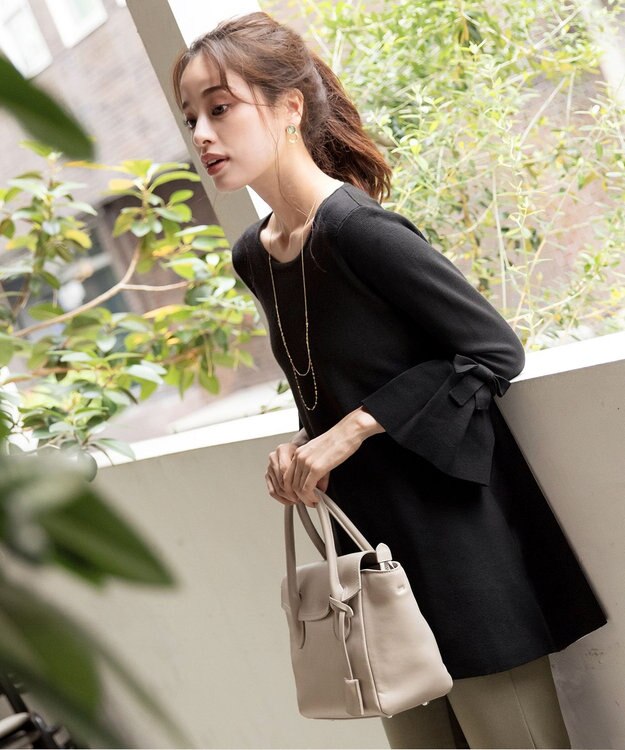 Tiaclasse L 【洗える】ミラノリブ編みのフレア袖ニットチュニック ブラック