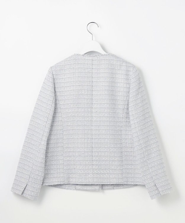 ANY SIS L ノーカラーフリンジツイード ジャケット ブルーグレーミックス