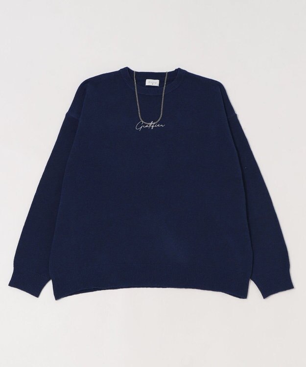 WEGO 【ユニセックス着用ITEM/SMLサイズ展開】アクセ付きワンポイントニットプルオーバー ネイビー