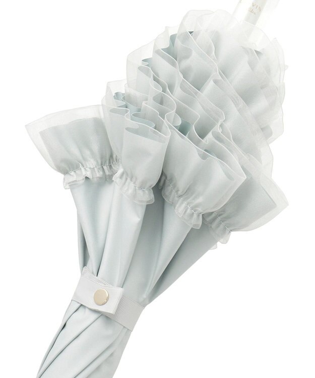 MOONBAT ランバン オン ブルー 晴雨兼用日傘 長傘 ビジュー付きオーガンジーフリル 遮光 遮熱 UV オリーブグレー