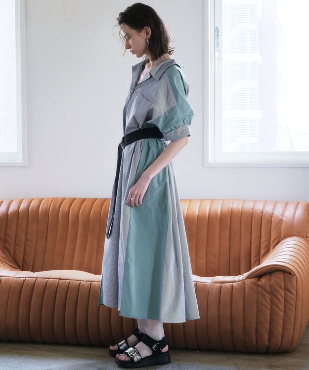 YECCA VECCA ベルト付きスキッパーシャツワンピース Stripe