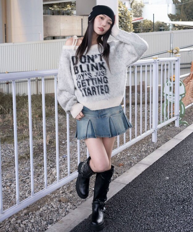 WEGO シャギー2WAYグラフィックワンショルニット ホワイトアイボリー