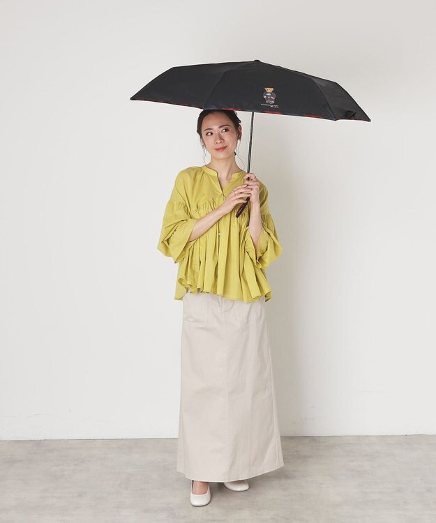 MOONBAT 【WEB限定/軽量】POLO RALPH LAUREN（ポロ ラルフローレン） 折りたたみ傘 ポロベア×チェックパイピング 無地 FLAG BEAR ブラック