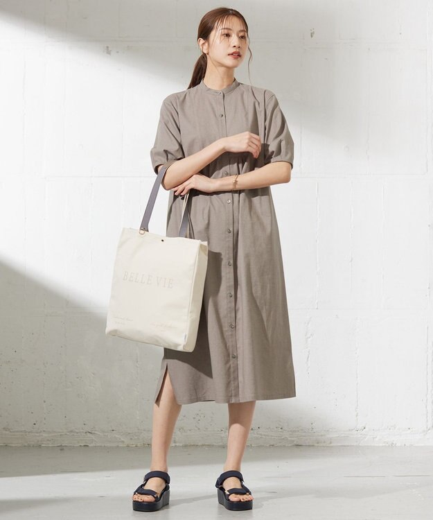 J.PRESS LADIES 【洗える】麻ポリエステルストレッチ ワンピース モカシャンブレー系