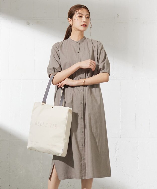 J.PRESS LADIES 【洗える】麻ポリエステルストレッチ ワンピース モカシャンブレー系