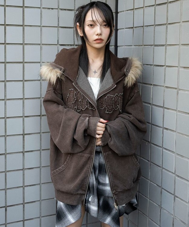 WEGO 【25年秋冬新作】ファーフードBIGZIPパーカー ブラウン