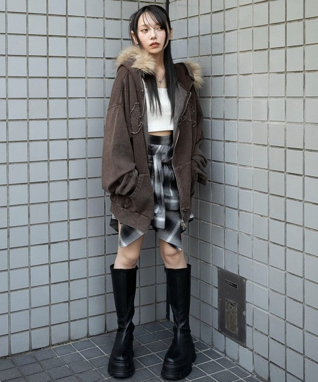 WEGO 【25年秋冬新作】ファーフードBIGZIPパーカー ブラウン