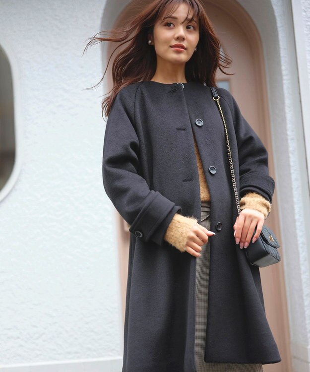 Feroux ウール混 Aラインコート ブラック系