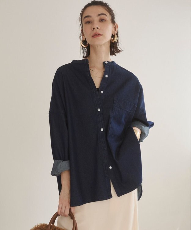 WEGO 【ANGIE VINTAGE】オーバーサイズ バンドカラー デニムシャツ ネイビー