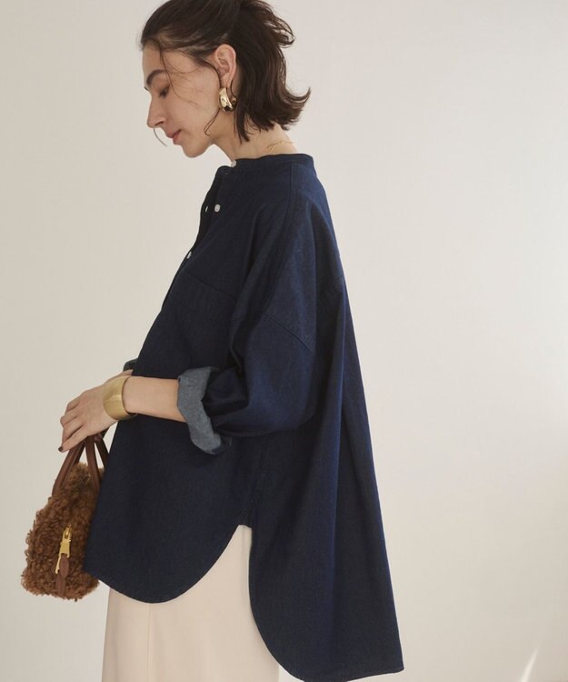 WEGO 【ANGIE VINTAGE】オーバーサイズ バンドカラー デニムシャツ ネイビー