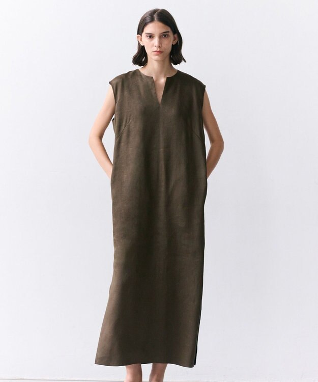 BEIGE， MICA / リネンブレンドノースリーブロングドレス Khaki