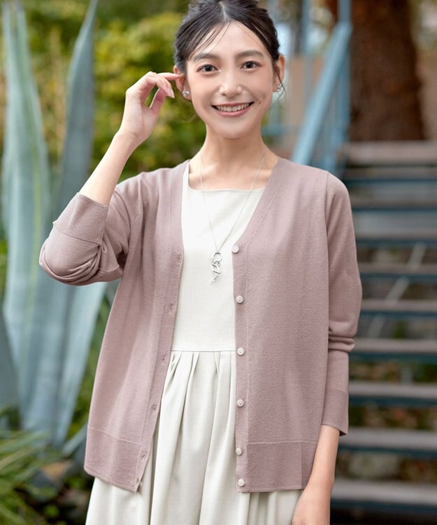 Tiaclasse L Vネックラメニットシアーカーディガン ピンク