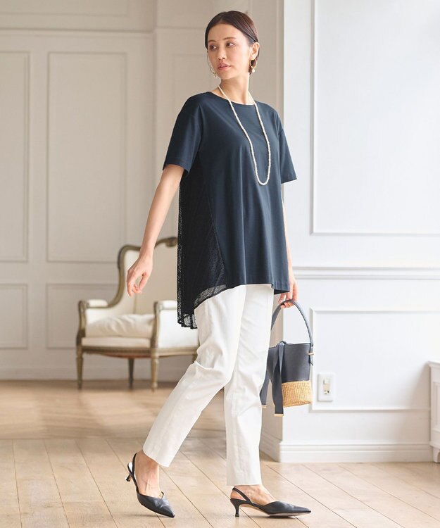 自由区 【WEB限定・洗える・XSサイズあり】レースコンビ カットソー ネイビー系