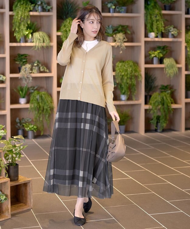 Tiaclasse L Vネックラメニットシアーカーディガン ベージュ