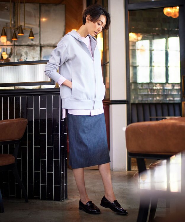 J.PRESS LADIES L 【洗える】 セルロースシャンブレー タイト ナロー スカート ネイビー系