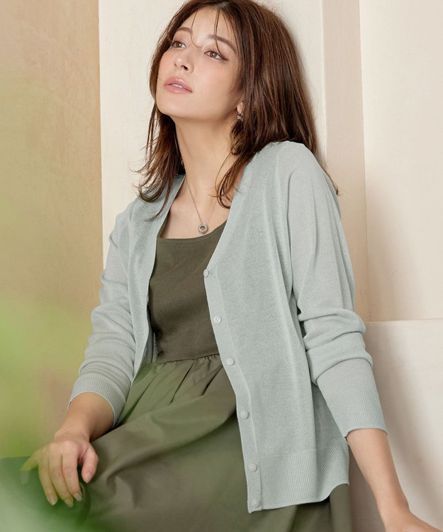 Tiaclasse L Vネックラメニットシアーカーディガン サックスグレー