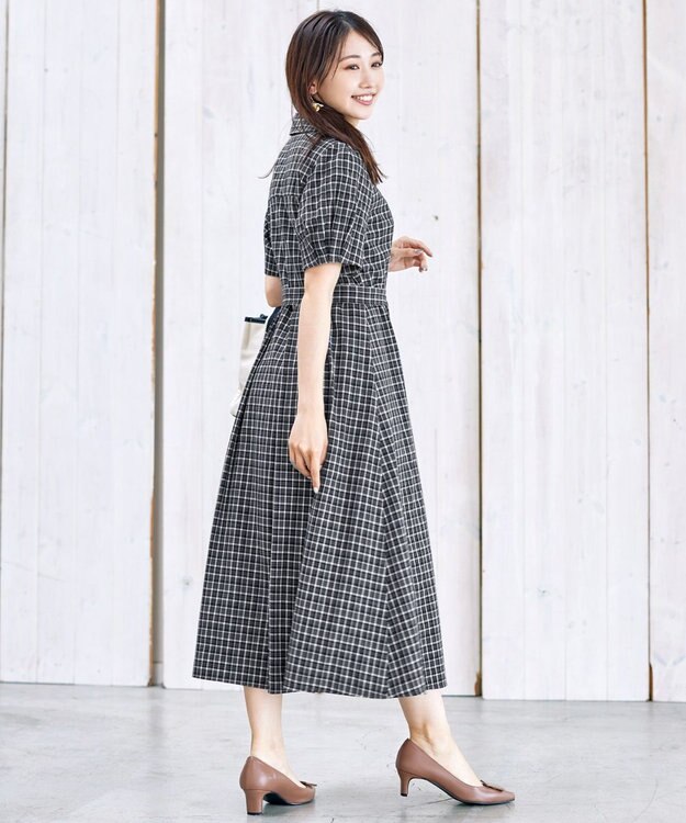 Tiaclasse L 【洗える】開襟シャツワンピース ブラックチェック