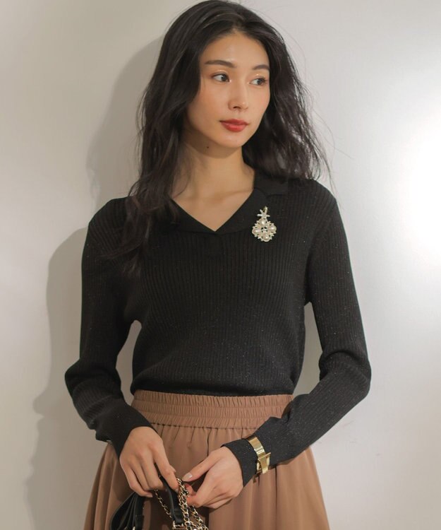 組曲 ラメリブポロ襟 ニット ブラック系