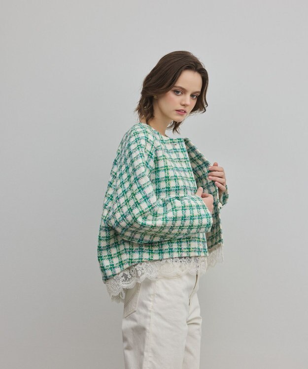 GRACE CONTINENTAL レースヘムツイードジャケット グリーン