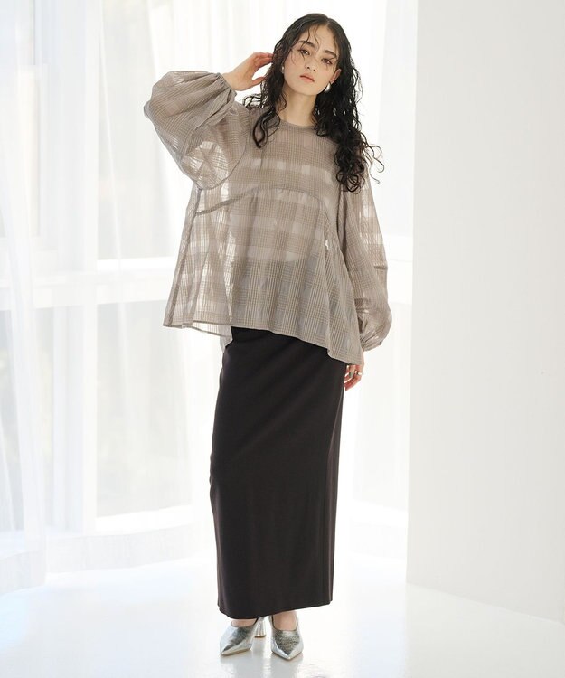 #Newans シアーチェックボリュームブラウス ベージュ