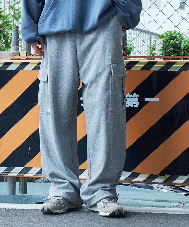 WEGO 【ウエストゴム/MLサイズ展開】ワイドカーゴスウェットパンツ 杢グレー