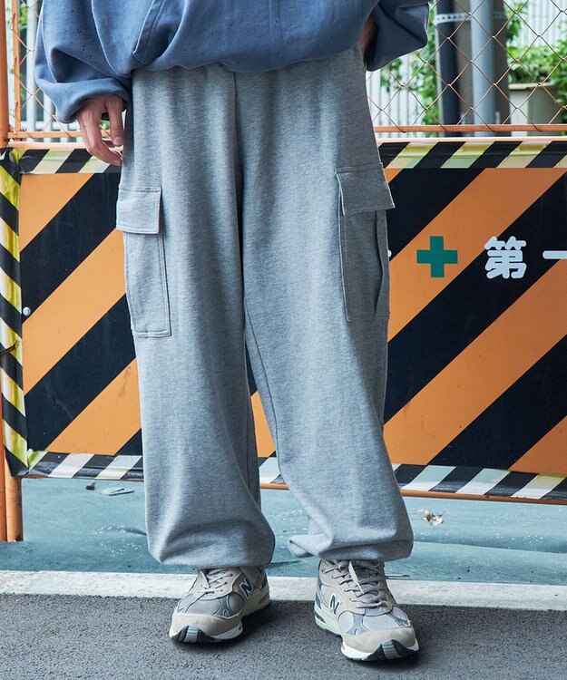 WEGO 【ウエストゴム/MLサイズ展開】ワイドカーゴスウェットパンツ 杢グレー