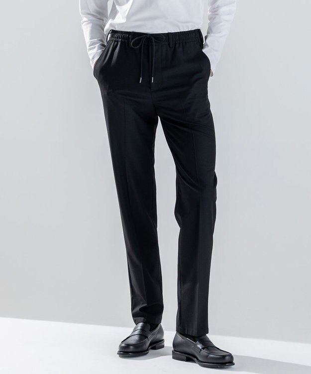 JOSEPH HOMME 新素材【ストレッチ/ウエストゴム仕様】ウール混キャリーマンストレッチ ドロスト付ストレートパンツ / HOVE ブラック系