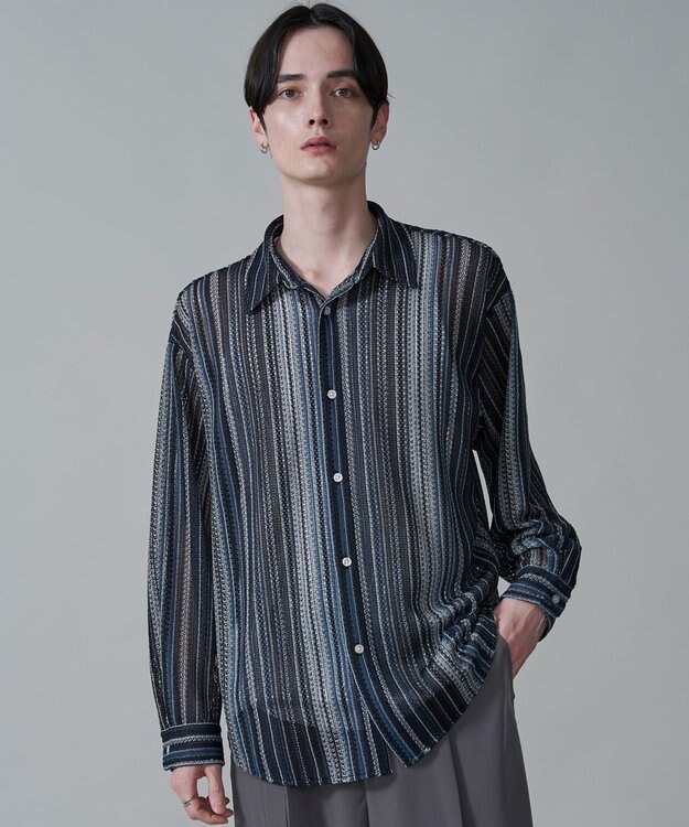 WEGO ストライプメッシュBIGシャツ（LS） ブラック中濃色