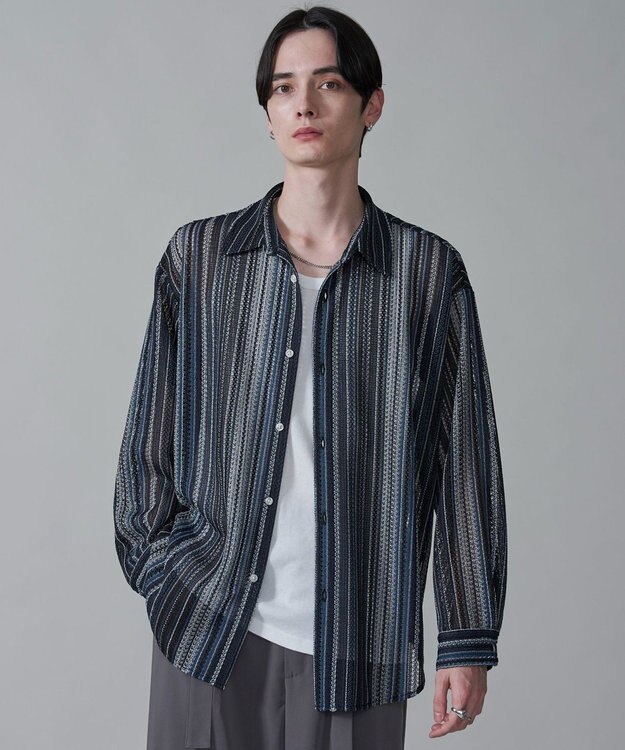 WEGO ストライプメッシュBIGシャツ（LS） ブラック中濃色