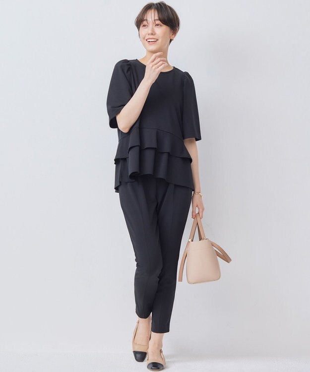 組曲 【接触冷感・吸湿・UVカット】ジョーゼットジャージーフリルブラウス ブラック系