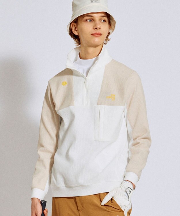 PW CIRCULUS 今が旬トップス！【ドライな肌触り / UV遮蔽率98.9% UVカット / ストレッチ】【MEN】ワッフルハーフジップトップス  ゴルフ ホワイト系