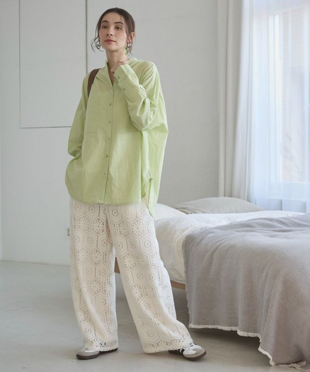 WEGO 着丈が選べる オーバーサイズ バンドカラー シャツ / ストライプ / 無地 ライム