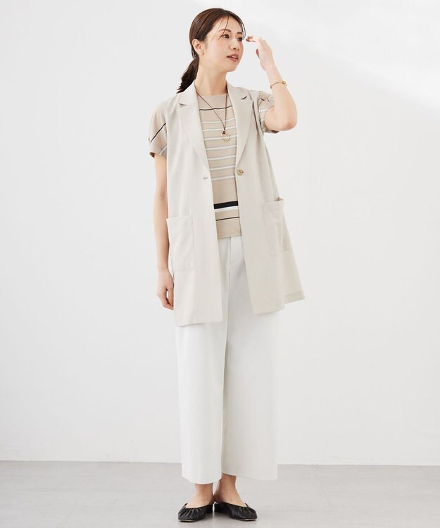 J.PRESS LADIES L パネルボーダー フレンチスリーブ カットソー ベージュ系1