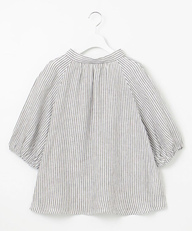 23区 S 【洗える】LIBECO ボウタイ ボリュームスリーブ ブラウス ダークブラウンストライプ