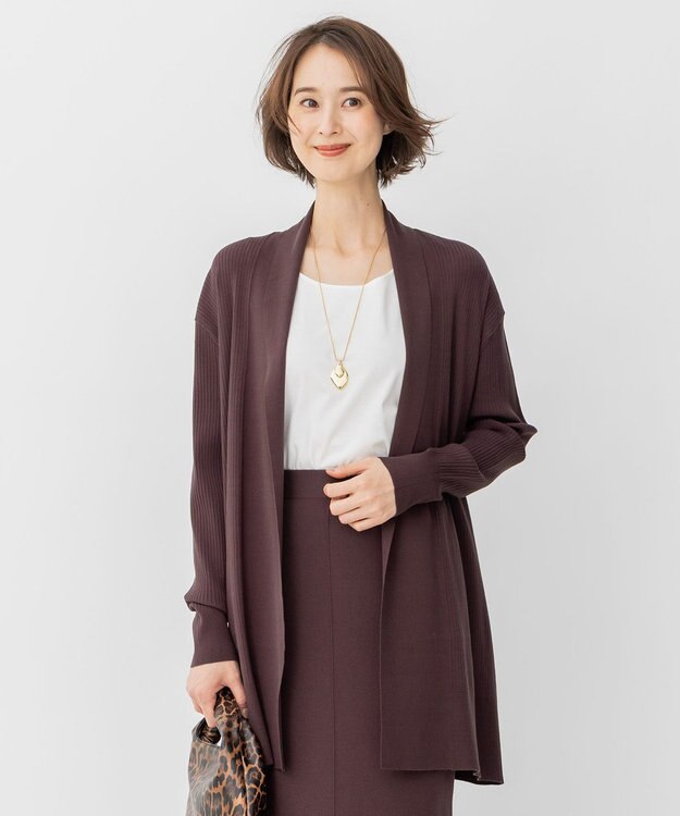 自由区 【WEB限定/洗える/セット着用可】レーヨンストレッチ ミドル丈カーディガン ダークブラウン系