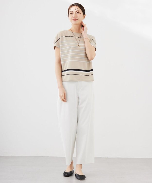 J.PRESS LADIES L パネルボーダー フレンチスリーブ カットソー ベージュ系1