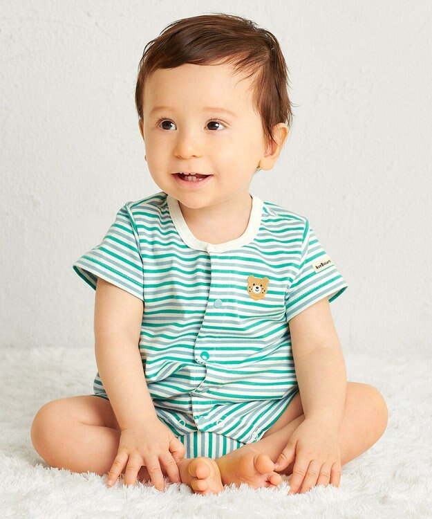 MIKI HOUSE HOT BISCUITS 【70-80cm】 みじんボーダー ワンポイント刺繍 ショートオール グリーン