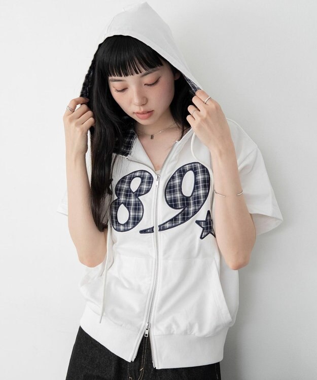 WEGO グラフィック半袖ZIPパーカー ホワイト
