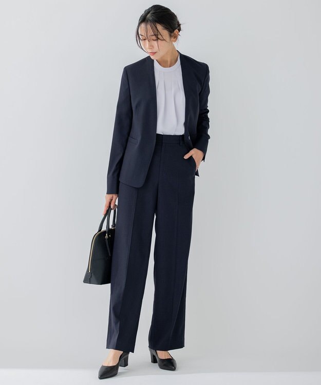 23区 【セットアップ対応/洗える】アイアスマットストレッチ ノーカラー ジャケット ネイビー系