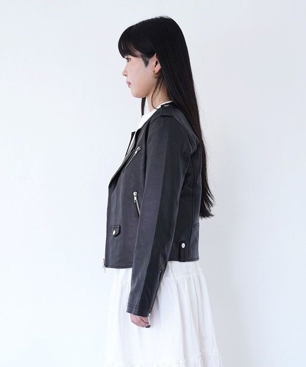 woadblue 黒 レザージャケット ライダースジャケット　牛革 ライダース ノーカラージャケット / woadblue | ファッション