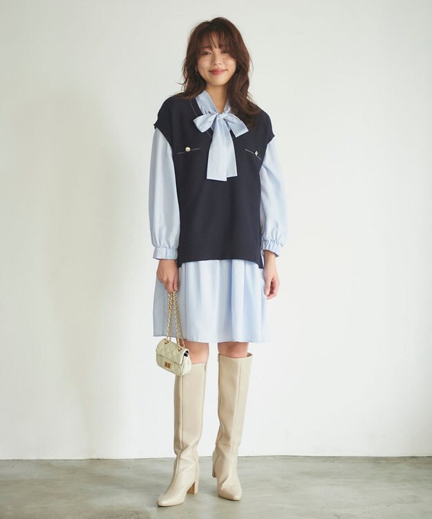Feroux 【セットアイテム】2WAYリボンタイ ワンピース × ニット ベスト スカイブルー系