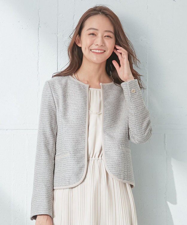 ANY SIS シャイニーストレッチツイード ノーカラージャケット シャンブレーグレー