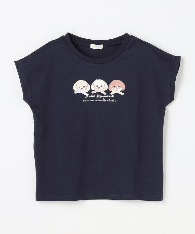 ANY KIDS 【綿100%】ひんやり フレンチスリーブ サガラ刺繡Tシャツ ネイビー×イヌ